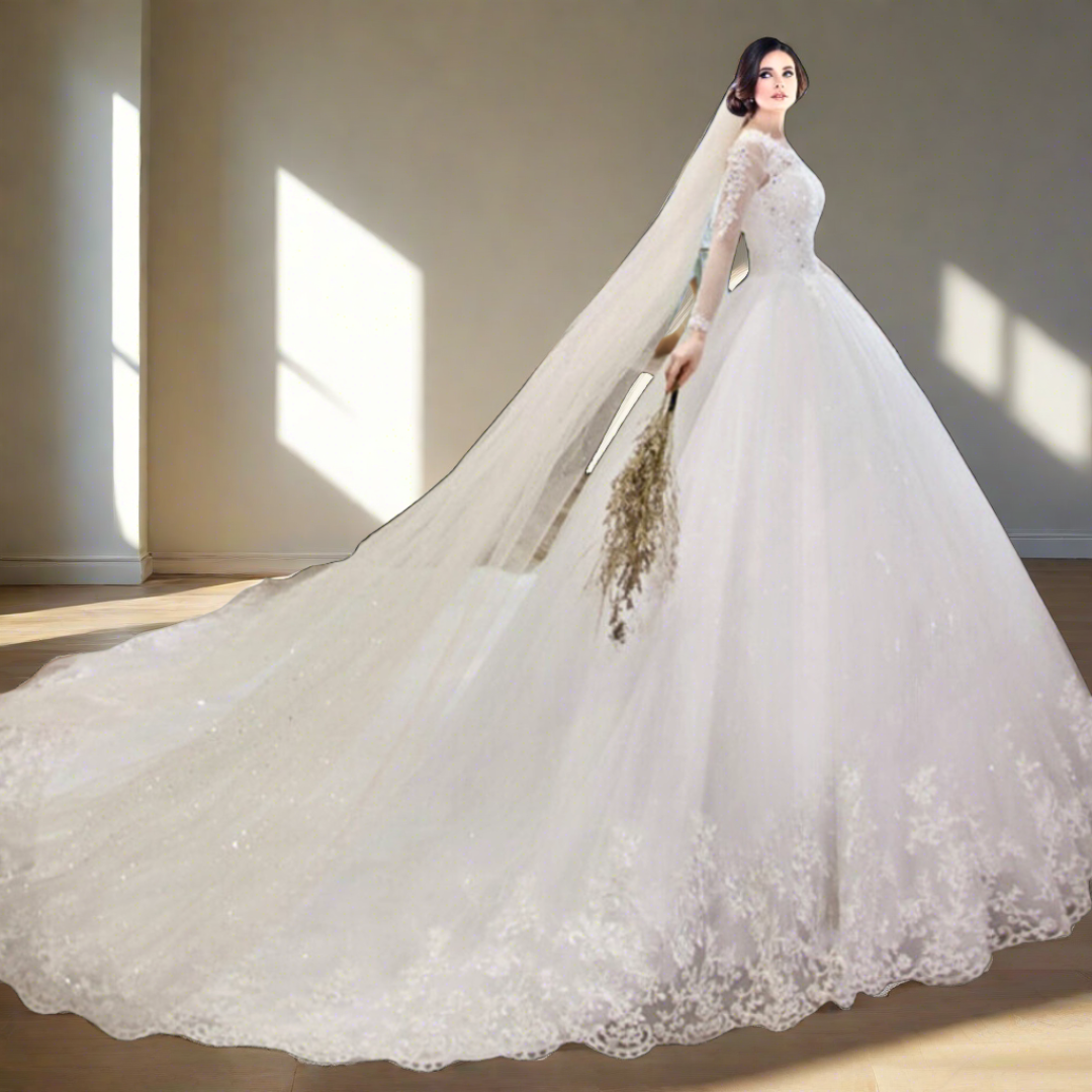 Luxurious Catholic white wedding dress with sequence a dramatic train Gown-Guntur 