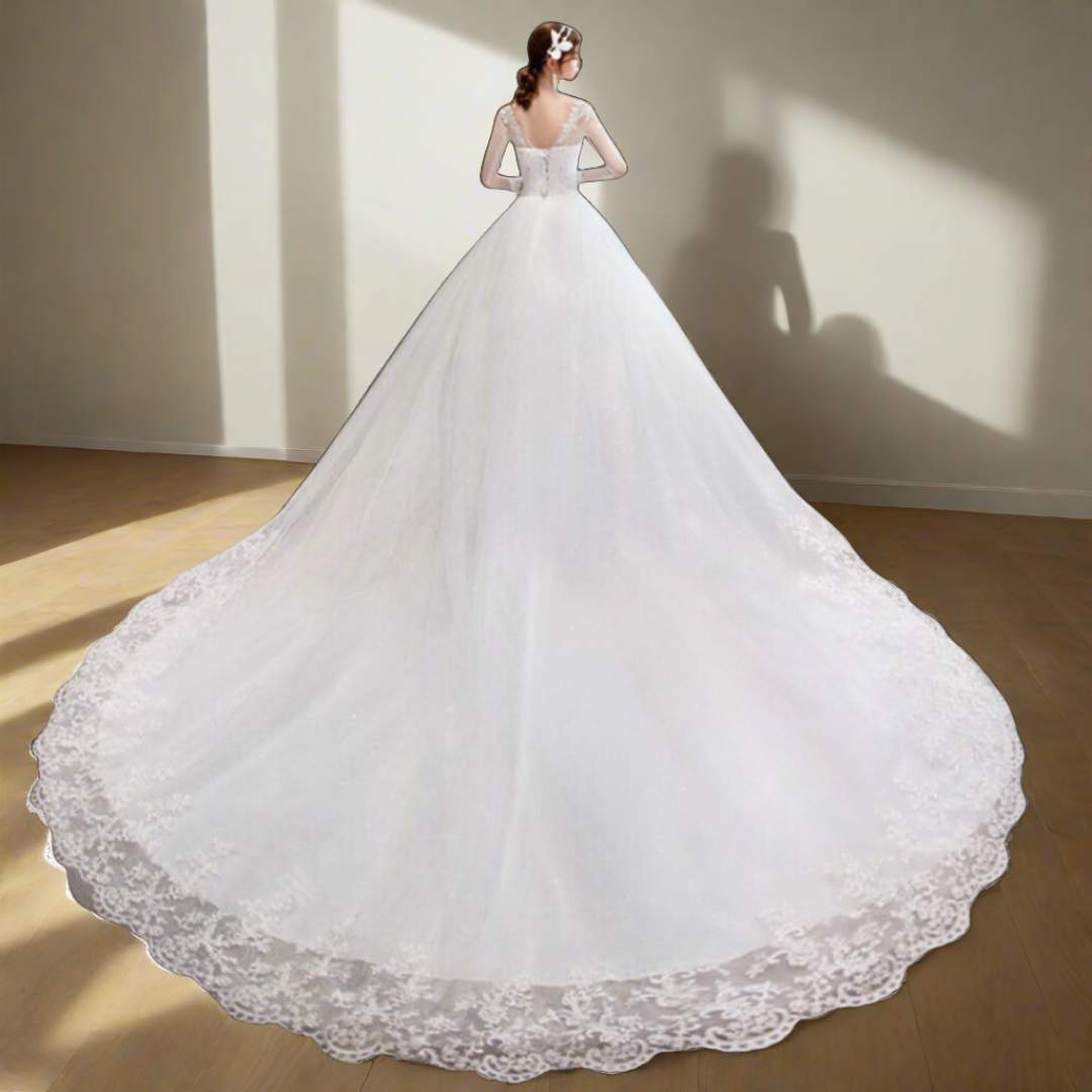 Magnificent Catholic white wedding gown with a statement long train Bharhut India