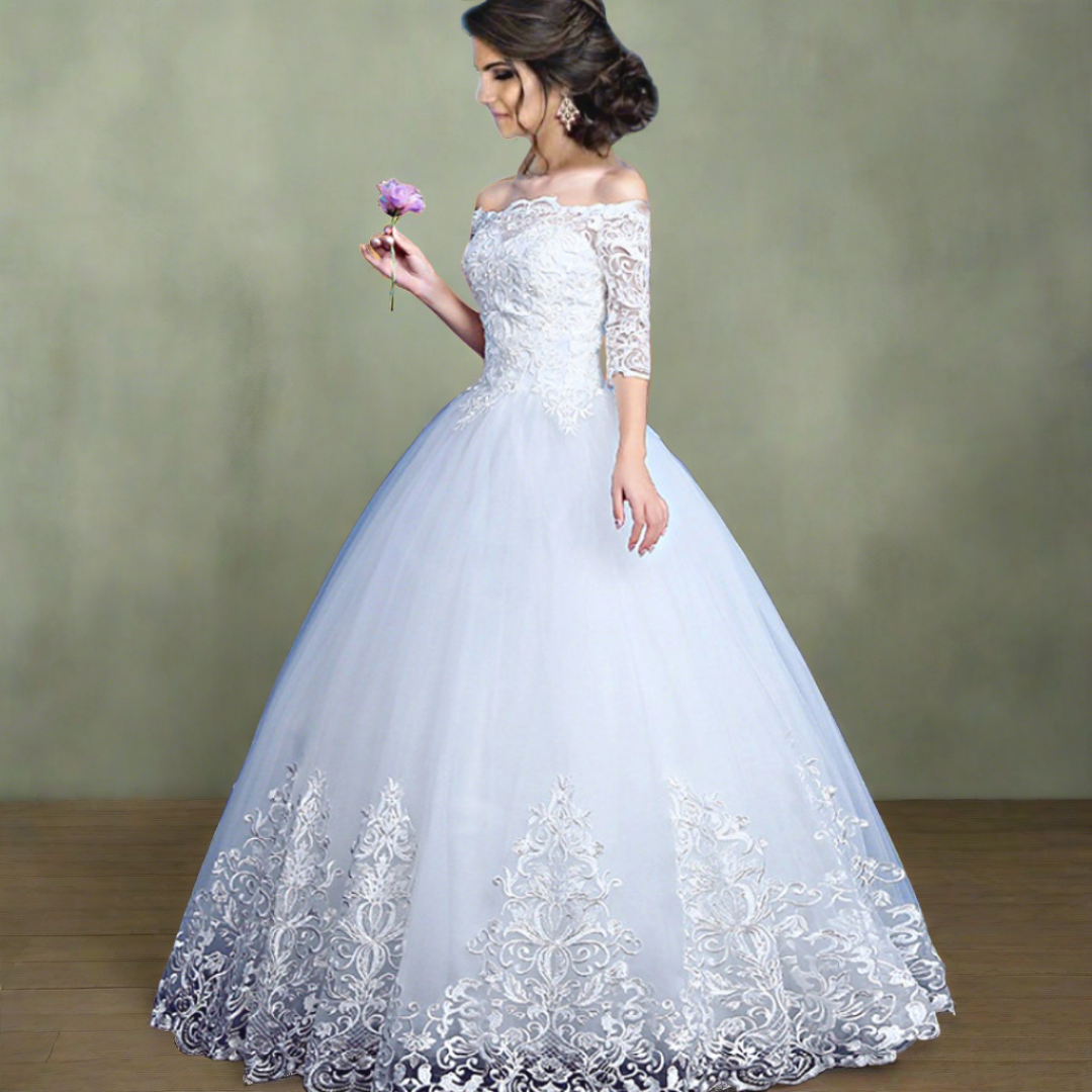 "Enchanting Off-Shoulder ball Gown, Fit for Christian bride."