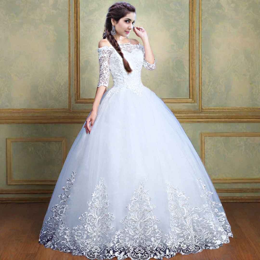 "Celebrate love and faith in this divin Hyderabade white ball gown with intricate detailing." 