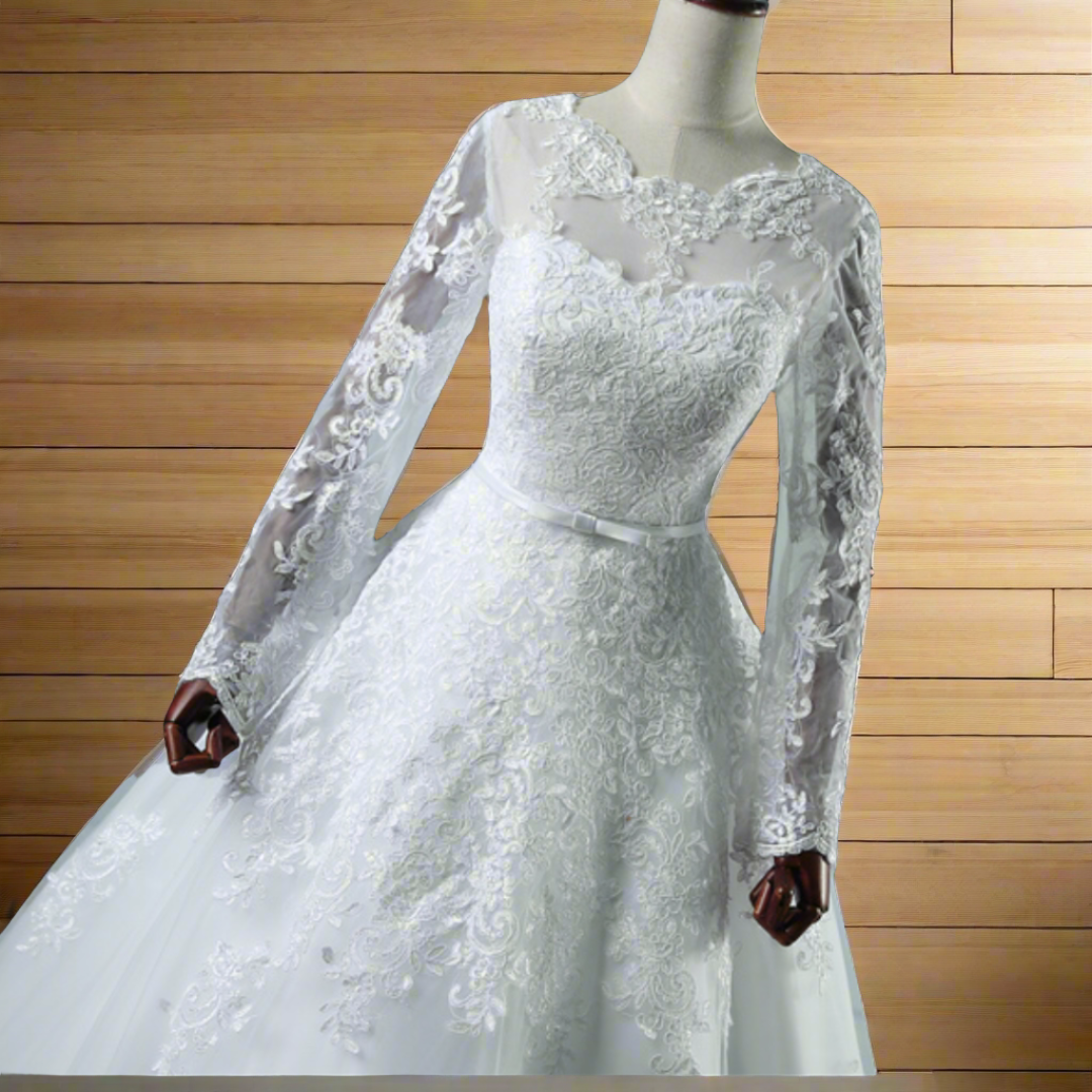 Lace-adorned Christian bridal gown with a long sleeves lovely train.