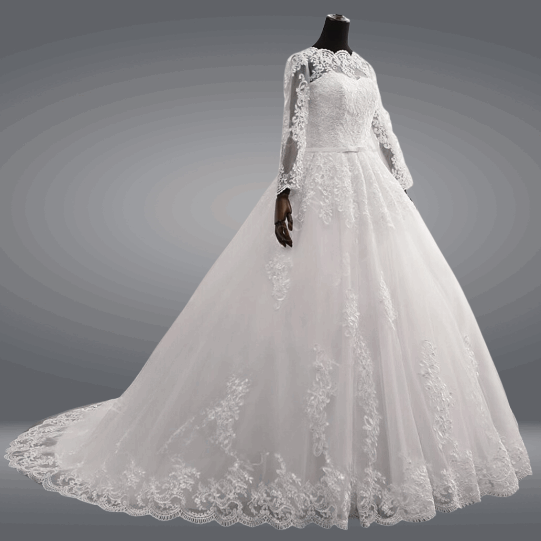 Timeless white ball gown with a full skirt and delicate floral embellishments