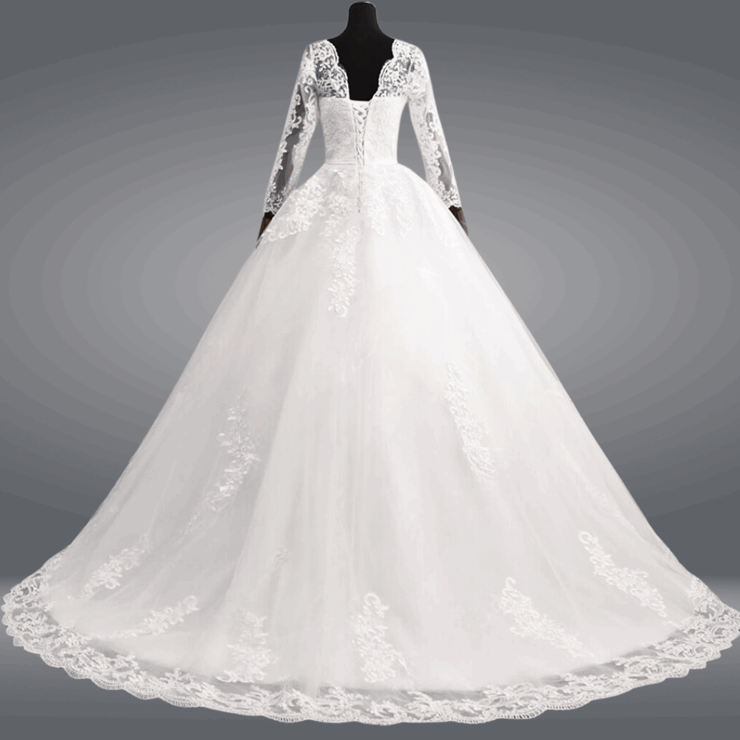 Fairytale-inspired white train gown with a princess silhouette and round neckline