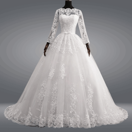 Ivory lace Catholic wedding gown with long train