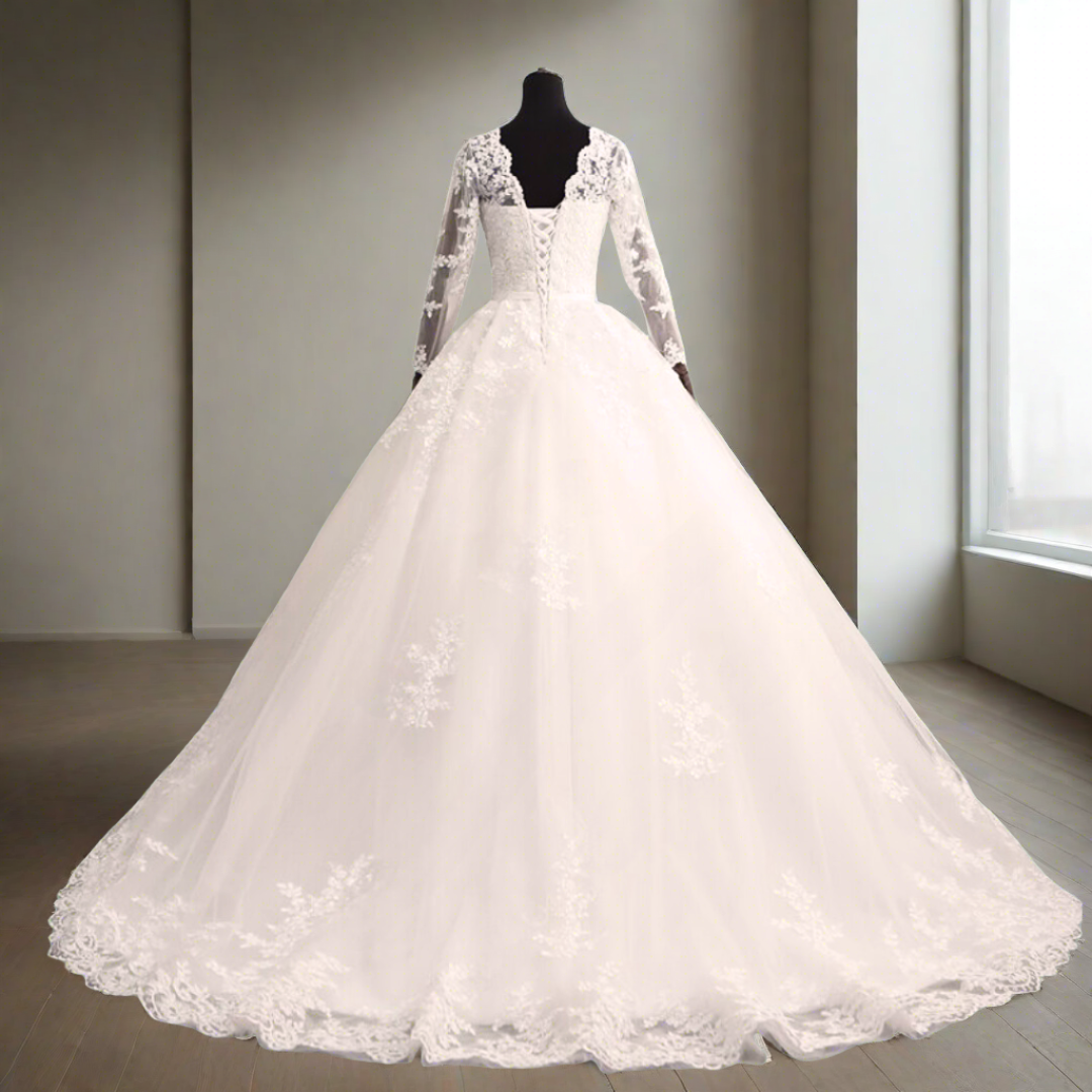 Graceful train-style wedding gown with lace detailing