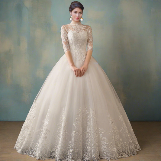 "Radiate with angelic beauty in this ethereal Christian bride's White ball gown."