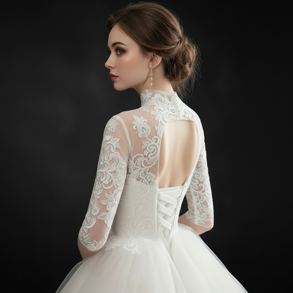 Opulent Catholic white wedding gown with a back romantic look.