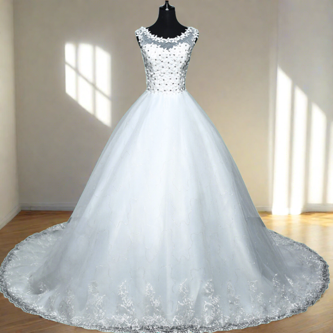 "Regal white Train Gown for a Catholic Bride's Special Day"