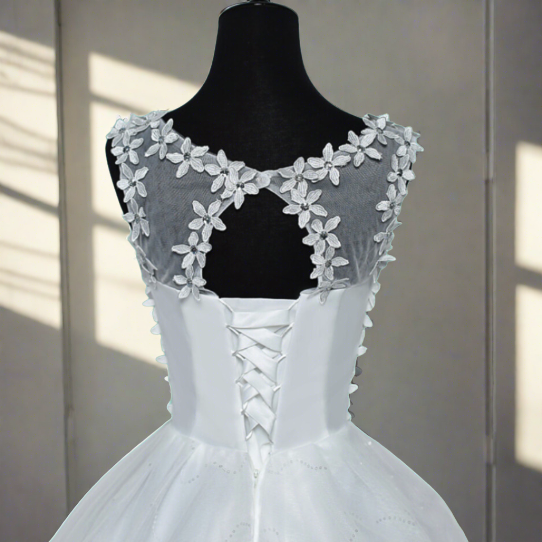 "Radiant Ball Gown with Chapel Train, fit for a Catholic christen Bride."