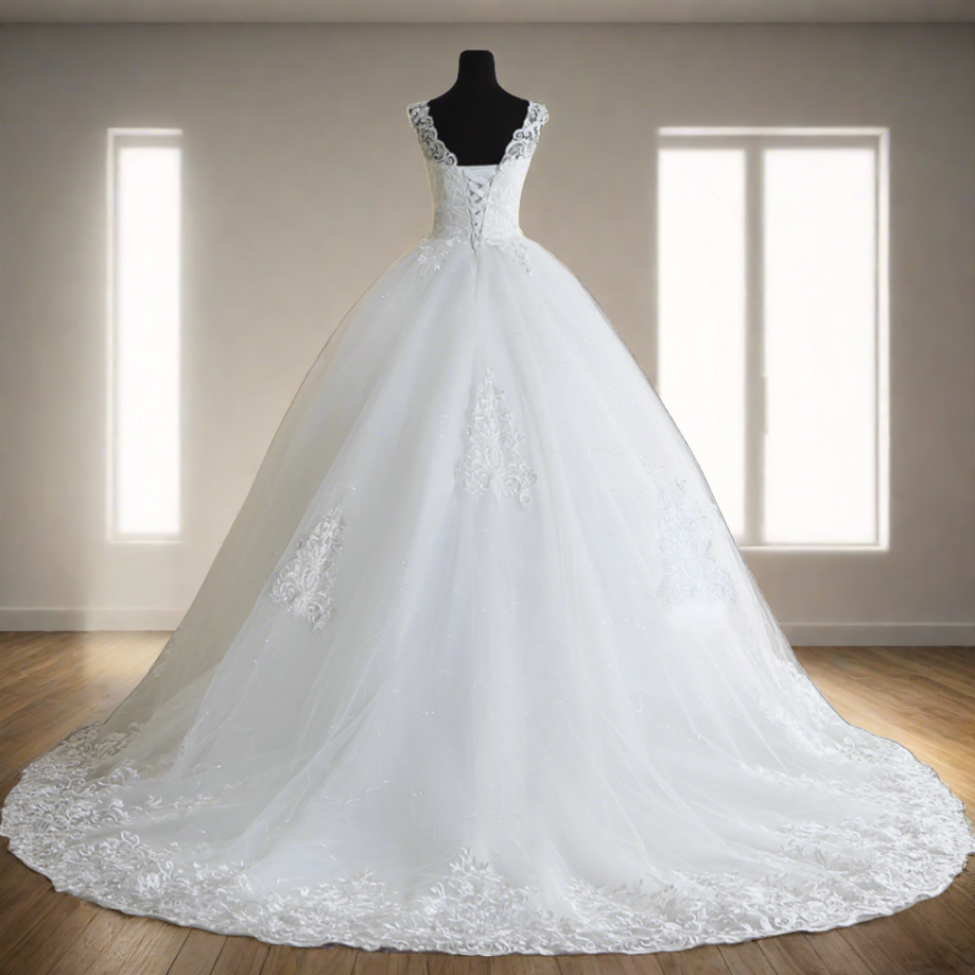 Vintage lace Catholic white wedding train gown for a timeless look.