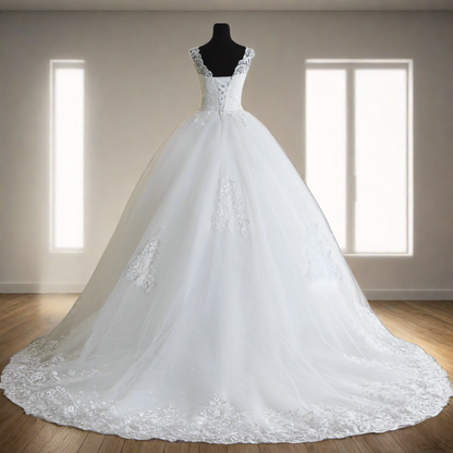 Vintage lace Catholic white wedding train gown for a timeless look.