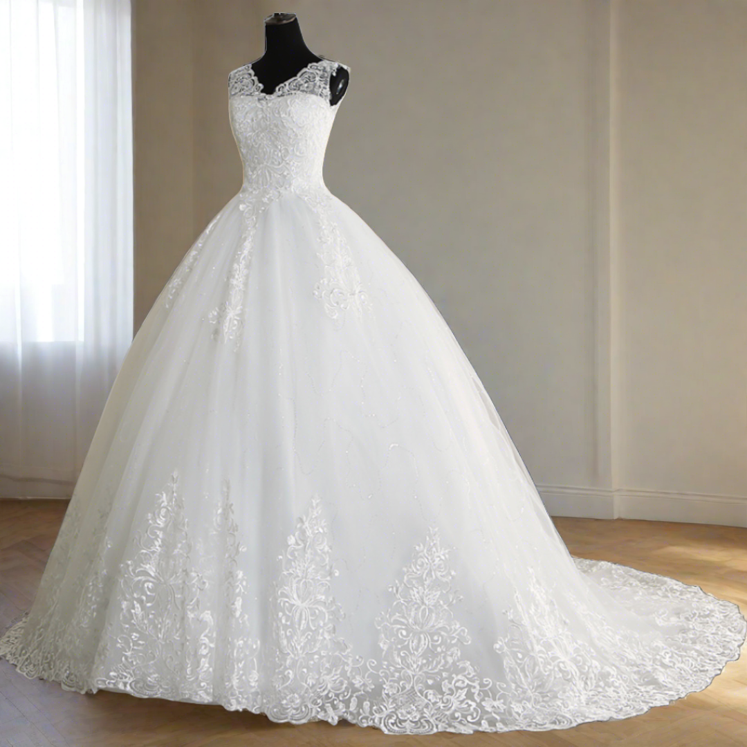 "Glamorous white Ball Gown with Chapel Train, A Catholic Bride's Delight"