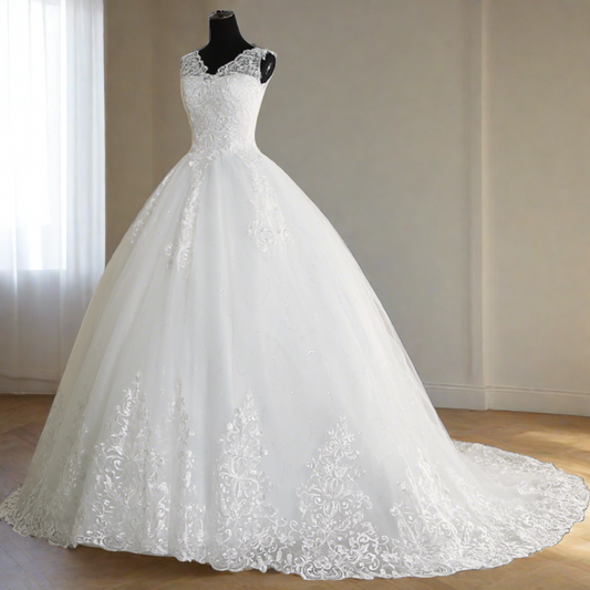 "Glamorous white Ball Gown with Chapel Train, A Catholic Bride's Delight"