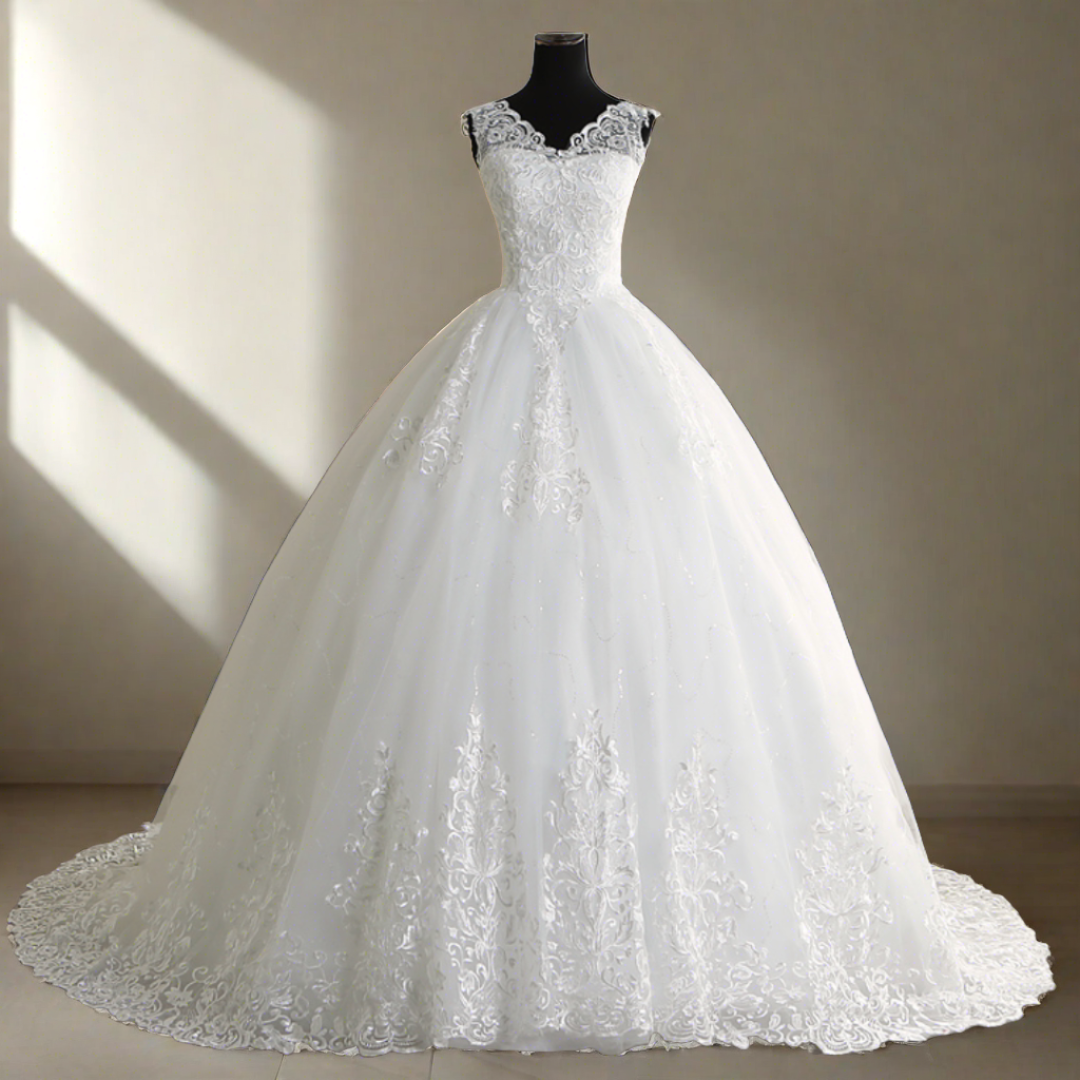 Enrapturing Christian white train gown for a magical wedding day.