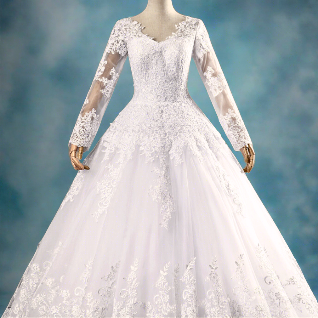 Traditional long-sleeved Christian and Catholic princess wedding dress.