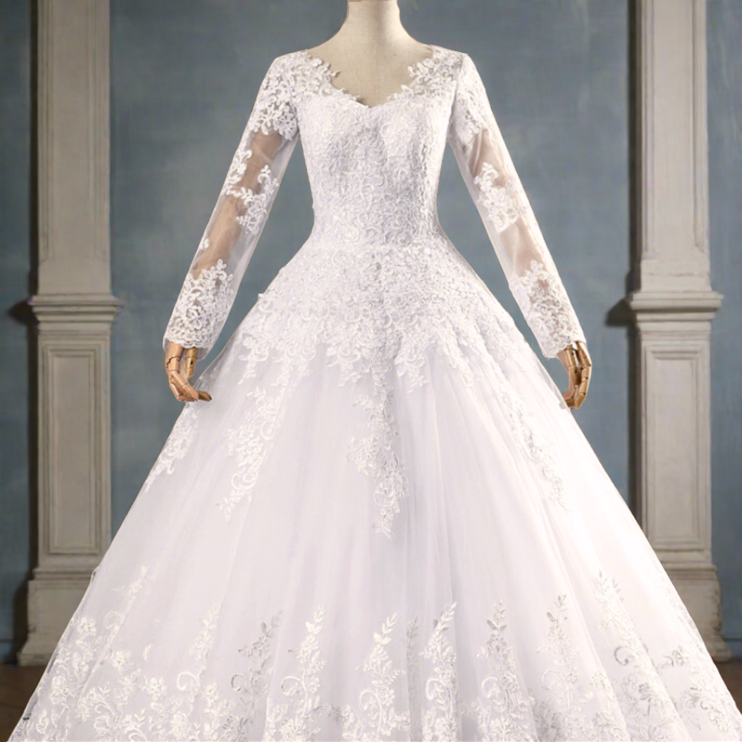 Princess-style Catholic wedding gown with crystal embellishments