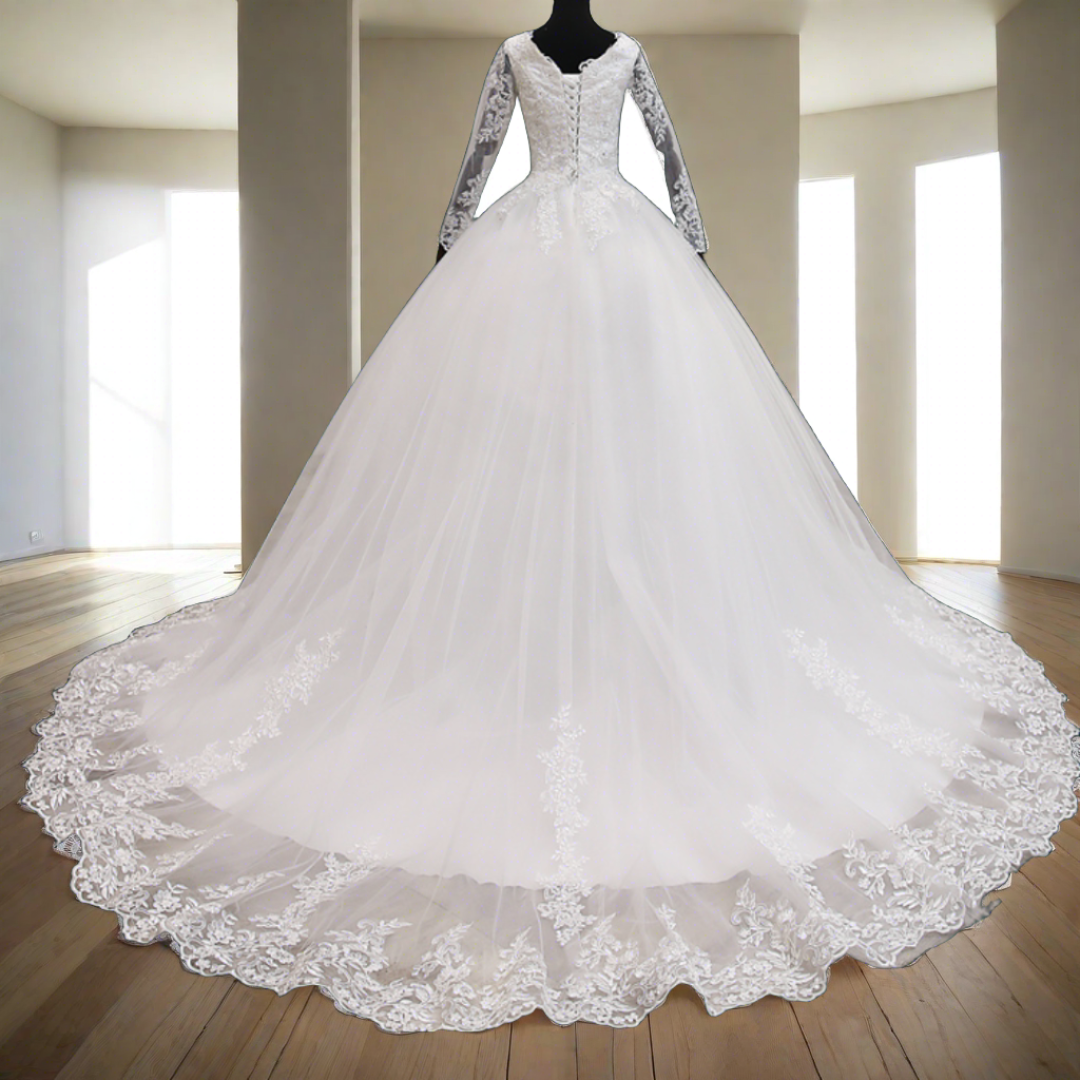 "A regal Christian princess white wedding dress with a laces long train."