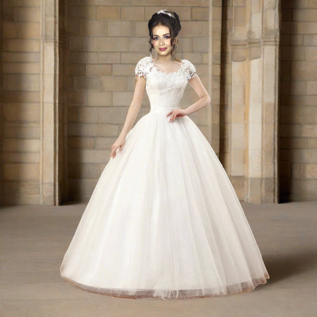 "Timeless white Christian Wedding Gown with Satin net and Organza Layers"