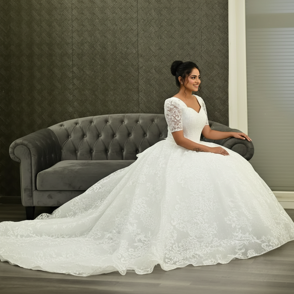 Sleeve detail close-up on White Bridal Gown Sparkle with Train — GownLink GLGT166T