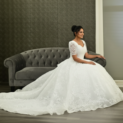 Sleeve detail close-up on White Bridal Gown Sparkle with Train — GownLink GLGT166T
