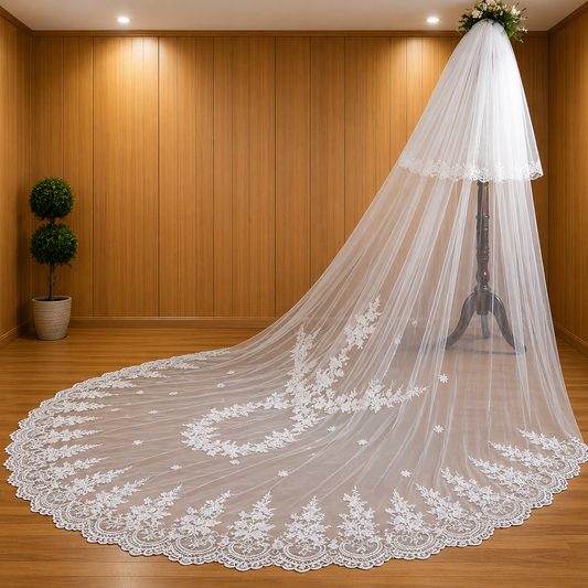 Christian wedding veil with lace border for a timeless bridal look.