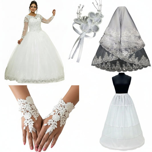 Full set of 5-Piece Bridal Combo Set laid out flat — GownLink GOWNLINKS