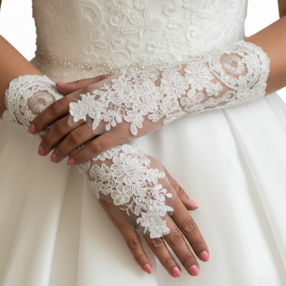 Front view of Bridal Gloves on hands — GownLink G101