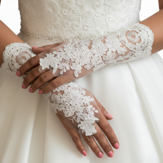 Front view of Bridal Gloves on hands — GownLink G101