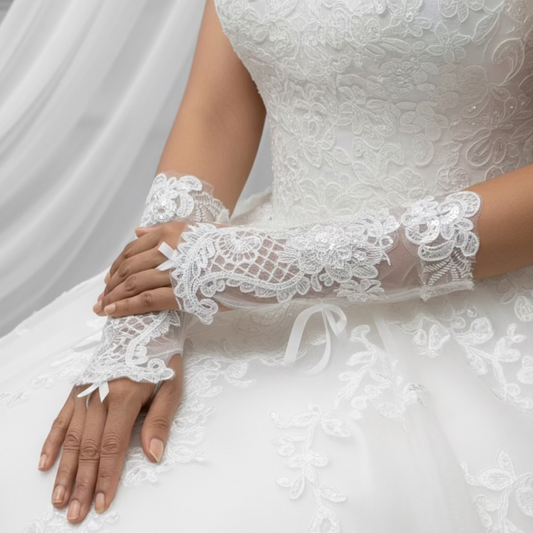 Front view of Bridal Gloves on hands — GownLink G114