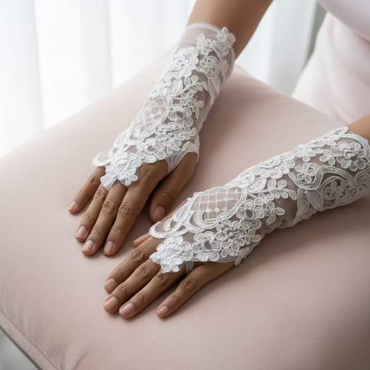 Front view of Bridal Gloves on hands — GownLink G14