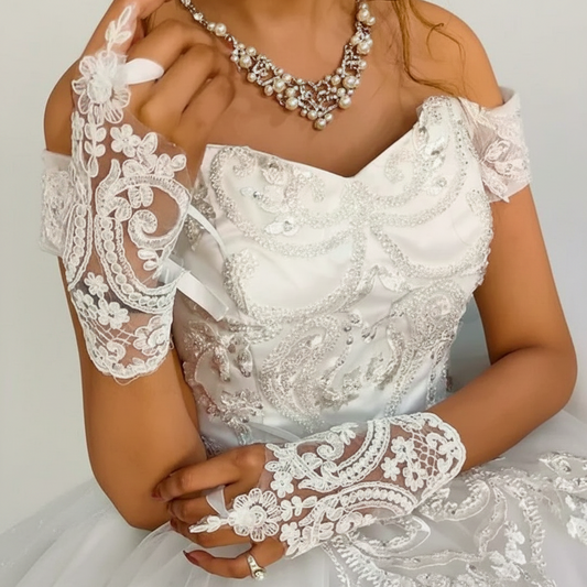 Front view of Bridal Gloves on hands — GownLink G18