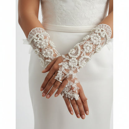 Front view of Bridal Gloves on hands — GownLink G22