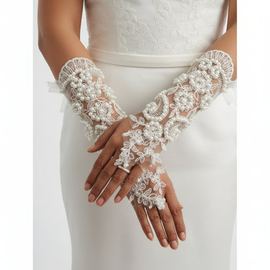 Front view of Bridal Gloves on hands — GownLink G22