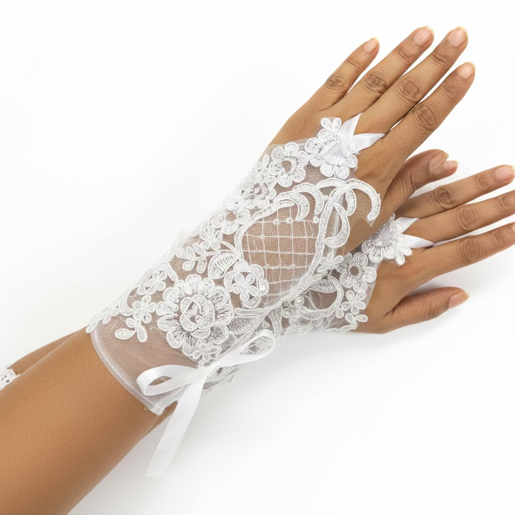 Detail of lace or mesh fabric on Bridal Gloves — GownLink G14