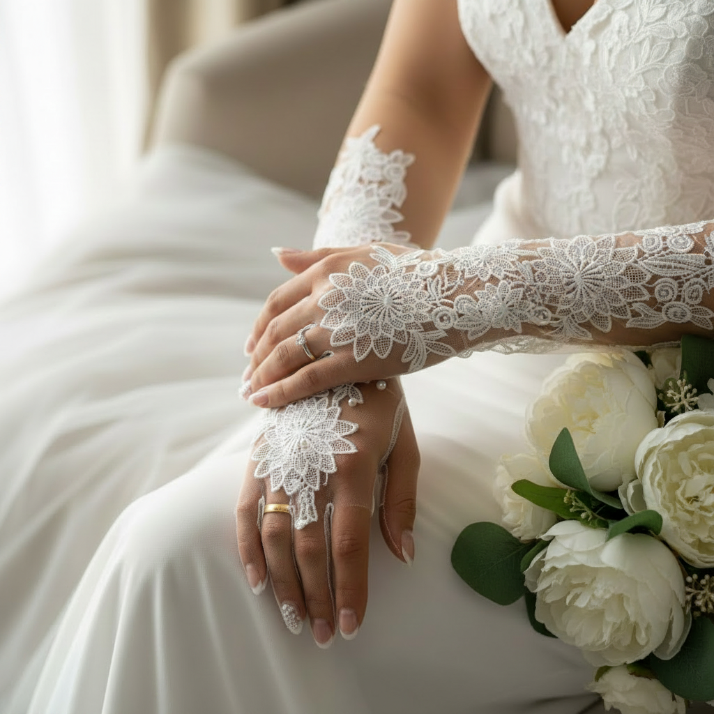 Detail of lace or mesh fabric on Bridal Gloves — GownLink G15