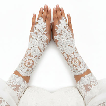 Close-up of pearl or crystal detail on Bridal Gloves — GownLink G101