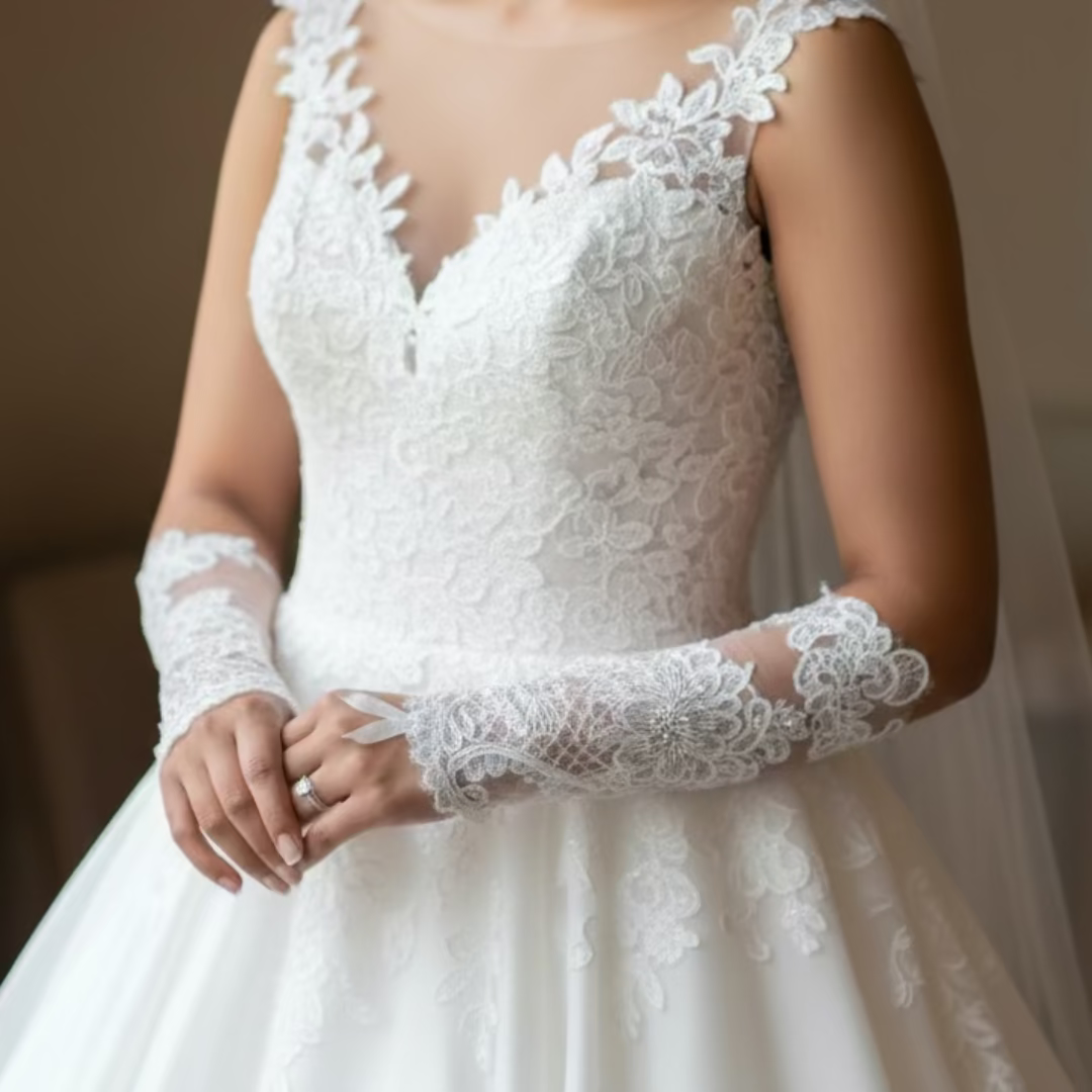 Close-up of pearl or crystal detail on Bridal Gloves — GownLink G114