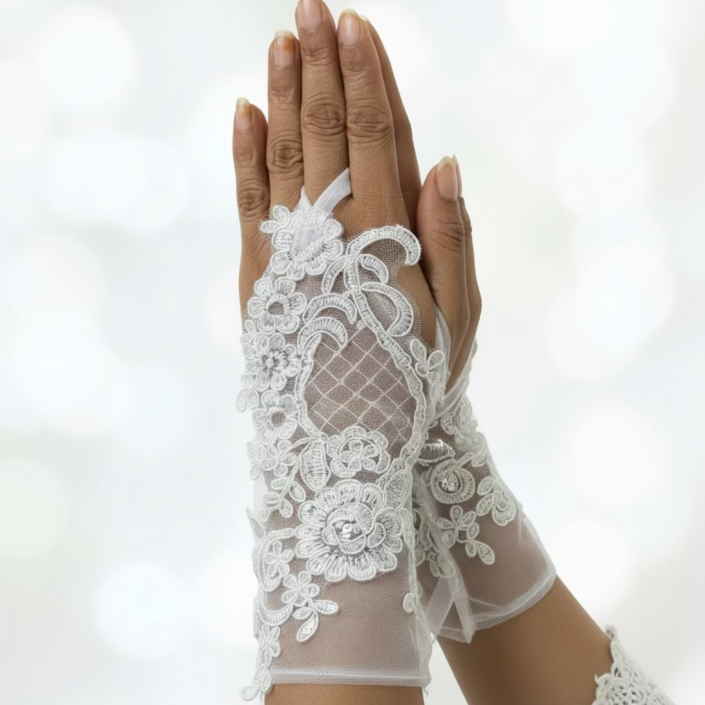 Close-up of pearl or crystal detail on Bridal Gloves — GownLink G14