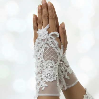Close-up of pearl or crystal detail on Bridal Gloves — GownLink G14