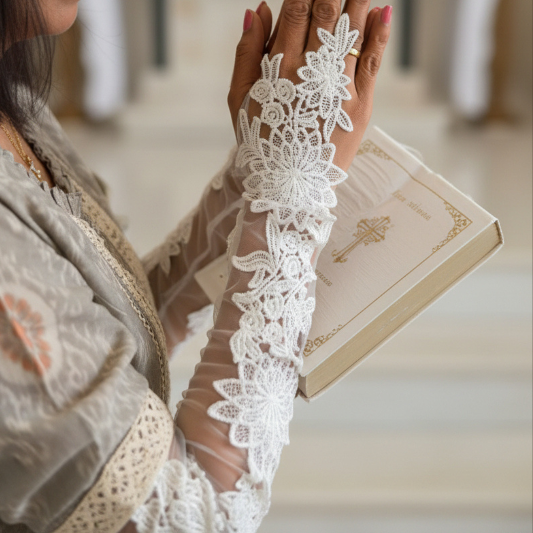 Close-up of pearl or crystal detail on Bridal Gloves — GownLink G15