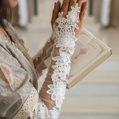 Close-up of pearl or crystal detail on Bridal Gloves — GownLink G15