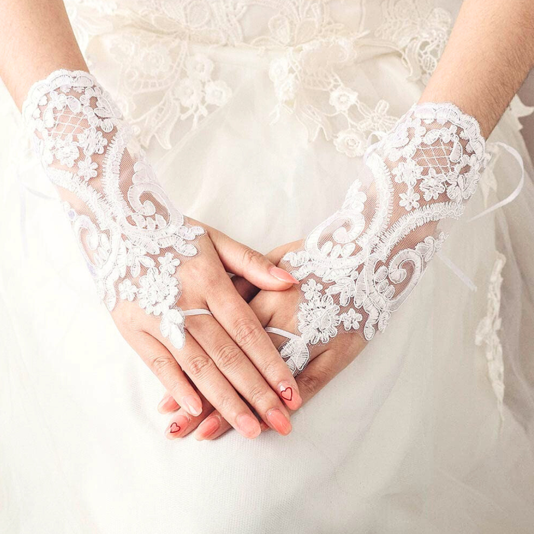 Close-up of pearl or crystal detail on Bridal Gloves — GownLink G18