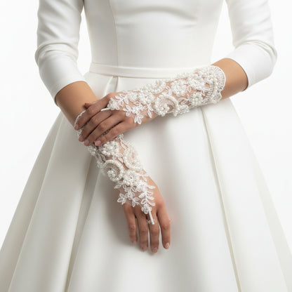 Close-up of pearl or crystal detail on Bridal Gloves — GownLink G22