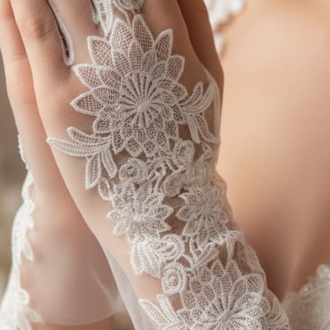 Side view of Bridal Gloves showing fit and length — GownLink G15
