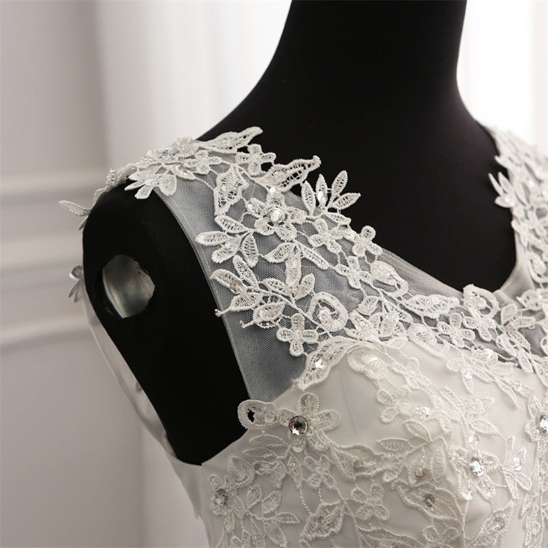 Beautiful lace ball gown wedding dress designed for Christian brides seeking a graceful bridal style