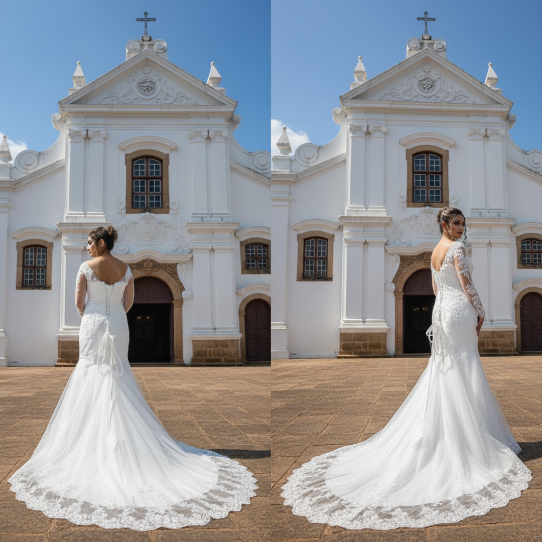 Detailed close-up of the lace bodice with floral embroidery and beadwork on a Christian wedding gown