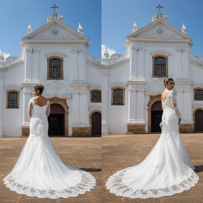 Detailed close-up of the lace bodice with floral embroidery and beadwork on a Christian wedding gown