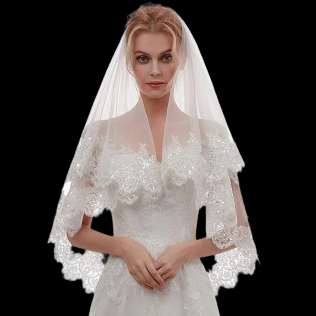 Model wearing Bridal Lace Border with bridal gown — GownLink GLVHL02