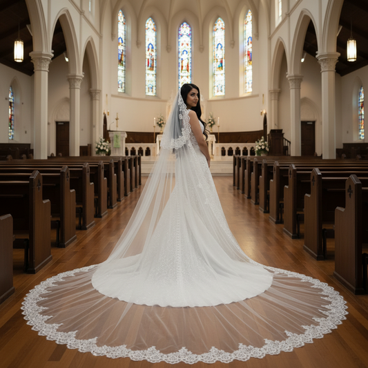 Detail of stitching and design on Bridal Lace Border — GownLink GLVHL02