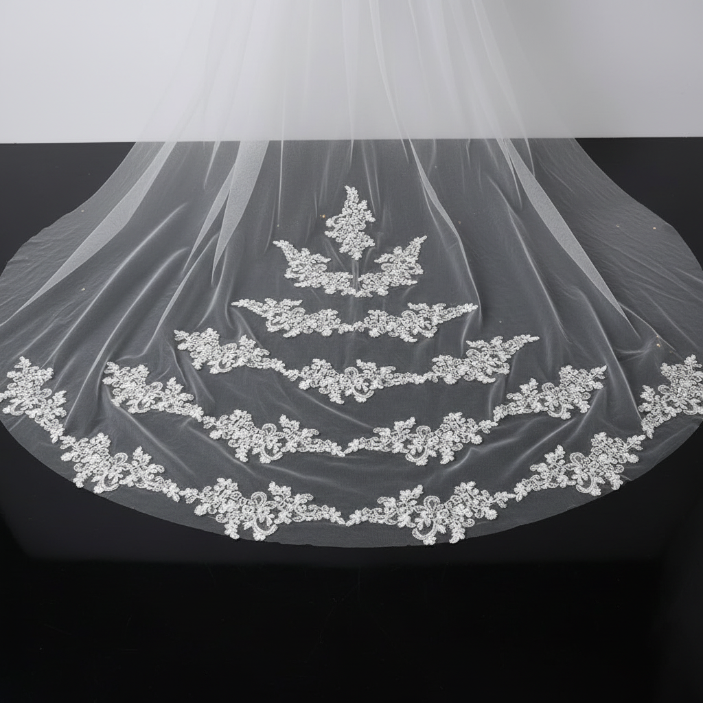 Detail of stitching and design on Bridal Lace Patch — GownLink GLVHSEQ1